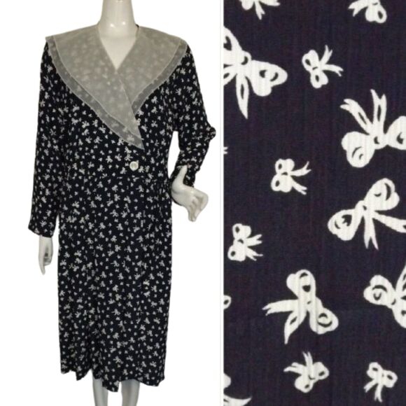 LESLIE FAY Dress, 10, Navy Blue/Bow Print, Sheer layered Collar, Wrap Front - Picture 1 of 14